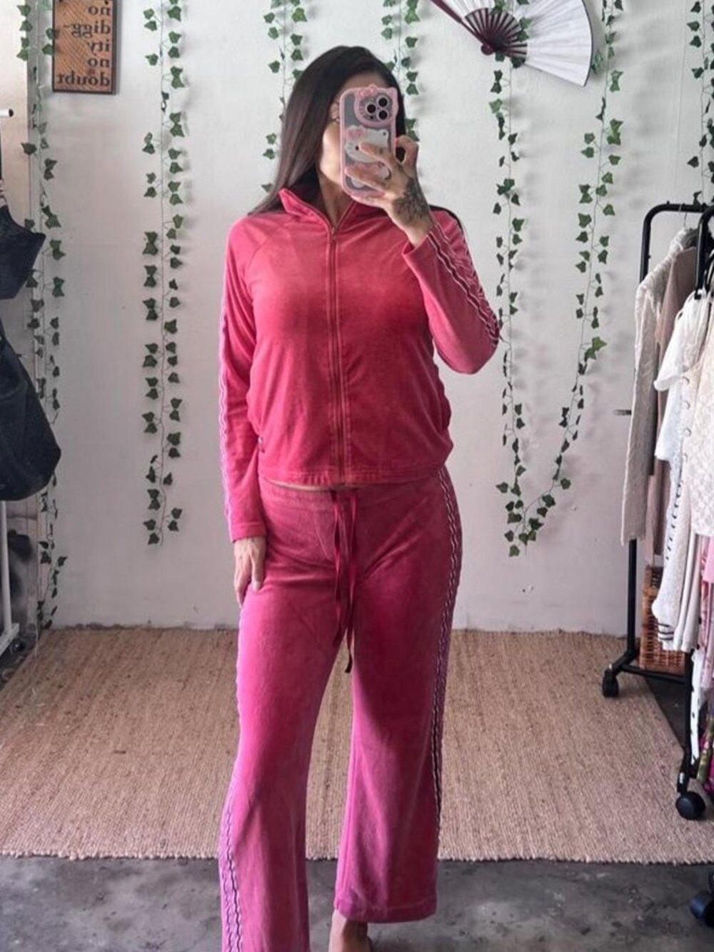 Y2K Express hot pink velour tracksuit with stripes top size M bottoms size S